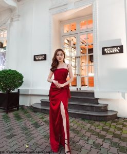 Đầm dạ hội hai dây xẻ đùi cao phối bèo hông – D454