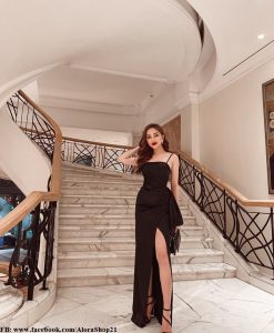 Đầm dạ hội hai dây xẻ đùi cao phối bèo hông – D454