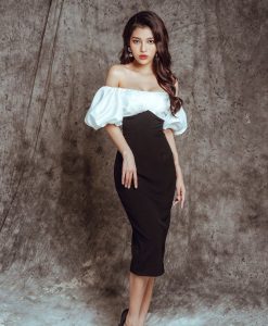 Đầm ôm body kiểu vai ngang tay con phồng - DN447