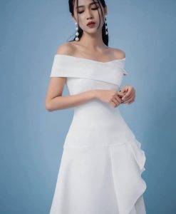 Đầm xòe tiểu thư trắng bẹt vai dễ thương-DN442