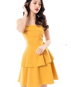 Đầm xòe vàng xếp ly xinh xắn lạ mắt-DN441