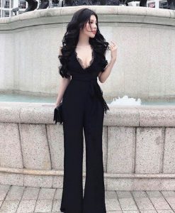 Jumsuit kiểu hở ngực quần suông cột dây eo - J93