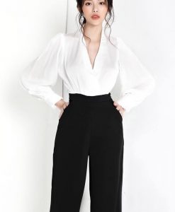Set áo phi tay dài và quần ống suông sành điệu-J92
