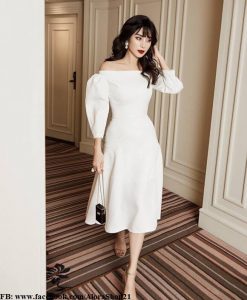 Đầm xòe tiểu thư kiểu vai ngang tay dài sang trọng - DN457