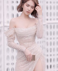 Đầm dạ hội dự tiệc thiết kế trễ vai tay dài như Ngọc Trinh - D470