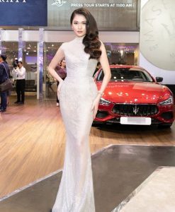 Đầm dạ hội kim sa kiểu sát nách cổ lọ sang trọng - D474