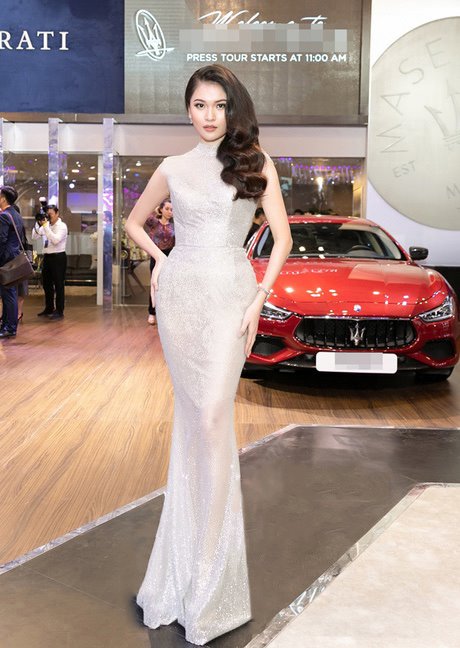 Đầm dạ hội kim sa kiểu sát nách cổ lọ sang trọng - D474