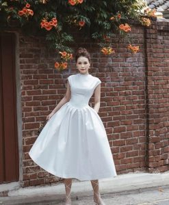 Đầm xòe trắng xếp ly cọc tay sang trọng - DN469