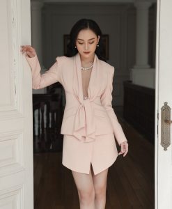 Set áo váy kiểu áo vest cột nơ ngực và váy ngắn - JN50