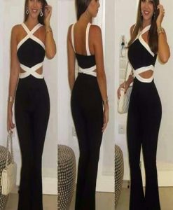 Jumpsuit hai màu cổ yếm hở eo tôn dáng - J120