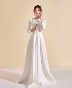 Váy dạ hội đuôi cá trắng thiết kế tay dài sang trọng - D546