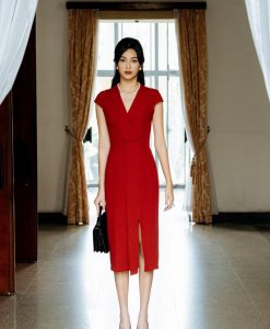Đầm body dự tiệc đỏ thiết kế cổ V xẻ đùi quý phái - DN503