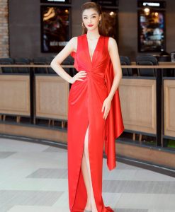 Đầm dạ hội đỏ thiết kế cổ V sát nách xẻ tà - D578