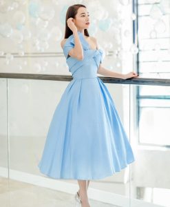 Đầm xoè dự tiệc xanh baby đính nơ quyến rũ - DN502