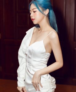 Đầm dạ hội trắng tay dài 1 bên hai dây sexy - D596