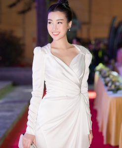 Đầm dự tiệc dài tay trắng kiểu vest xoắn eo sang trọng - DN517