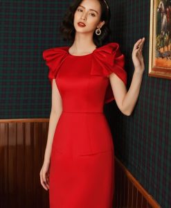 Đầm dự tiệc phi lụa đỏ thiết kế tay phồng ôm body - DN512