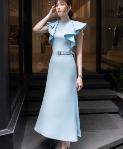 Váy dự tiệc xanh bèo vai ôm body nhẹ nhàng - DN511