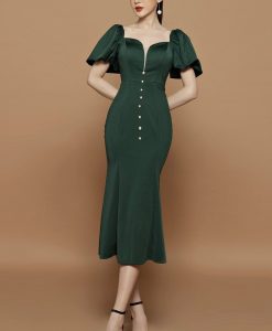 Đầm body tay phồng đuôi cá đính nút siêu dễ thương - DN501