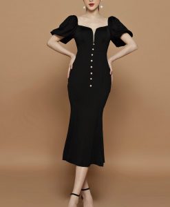 Đầm body tay phồng đuôi cá đính nút siêu dễ thương - DN501