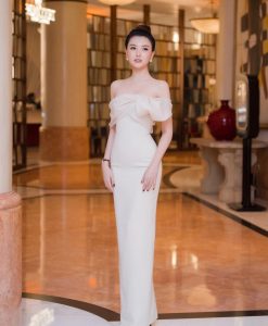 Đầm dạ hội dài trắng thiết kế trễ vai siêu sexy - D610