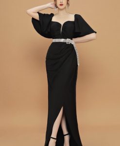 Đầm dạ hội tay cánh tiên xẻ tà cao sang trọng - D609