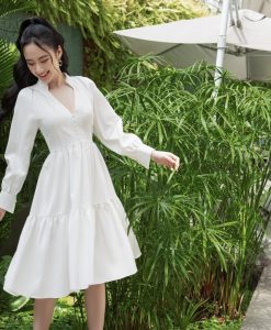 Đầm xoè tiểu thư trắng thiết kế tay dài cổ tim dễ thương - DN521