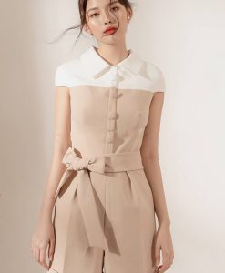 Jumpsuit ngắn kiểu tay con cổ sơ mi cột dây eo - JN58