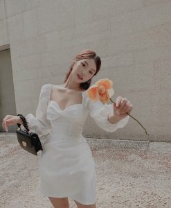 Váy dự tiệc trắng thiết kế dáng xoè tay phồng dễ thương - DN527