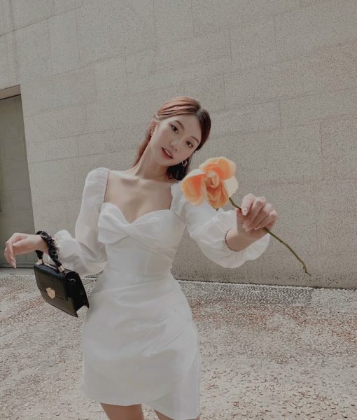 Váy dự tiệc trắng thiết kế dáng xoè tay phồng dễ thương - DN527