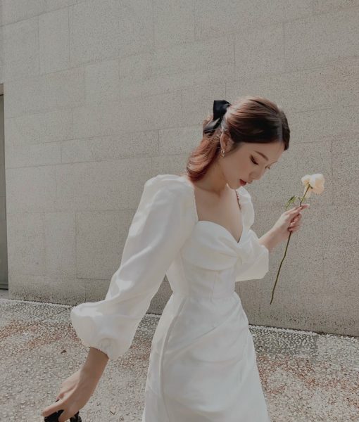 Váy dự tiệc trắng thiết kế dáng xoè tay phồng dễ thương - DN527
