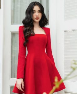 Váy xoè dự tiệc cổ vuông tay dài sexy - DN523