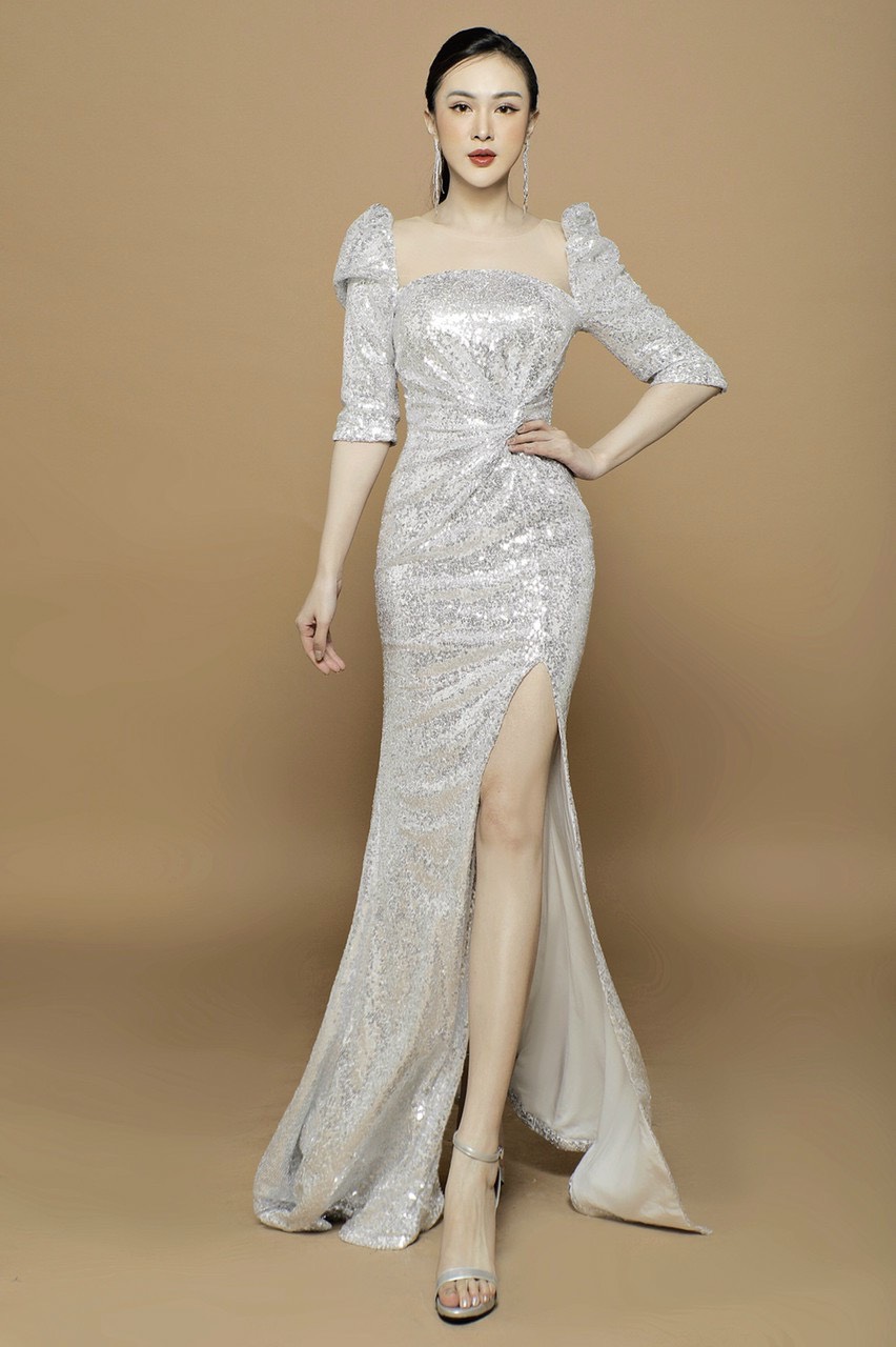 Đầm dạ hội kim sa thiết kế cổ vuông cực tôn dáng - D620