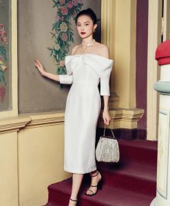 Đầm dự tiệc trắng thiết kế trễ vai gợi cảm - DN534