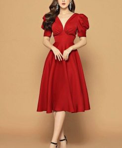 Đầm xoè dự tiệc cổ V nhún chân ngực siêu dễ thương - DN531