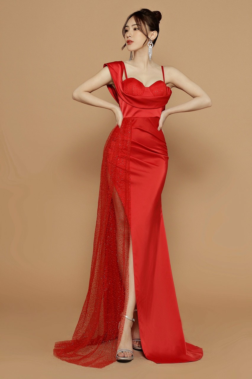 Váy dạ hội ôm kiểu hai dây xẻ tà ren cao sexy - D618