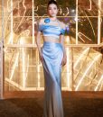 Váy dạ hội lụa xanh pastel crop top trễ vai - D632