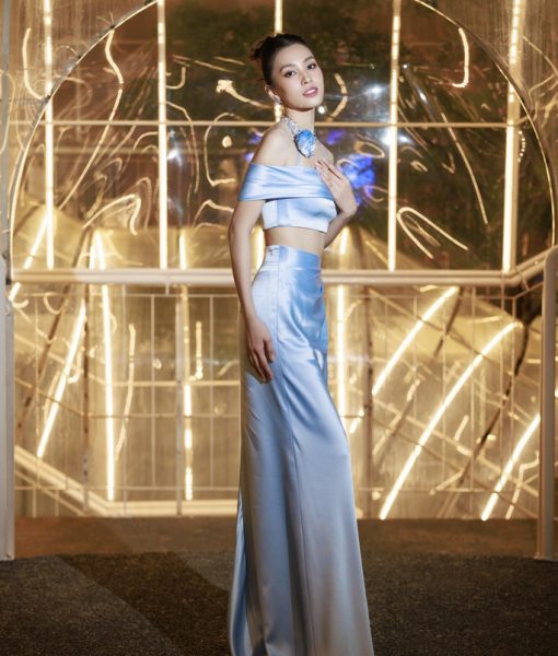 Váy dạ hội lụa xanh pastel crop top trễ vai - D632