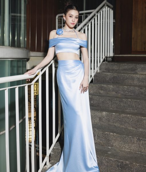 Váy dạ hội lụa xanh pastel crop top trễ vai - D632