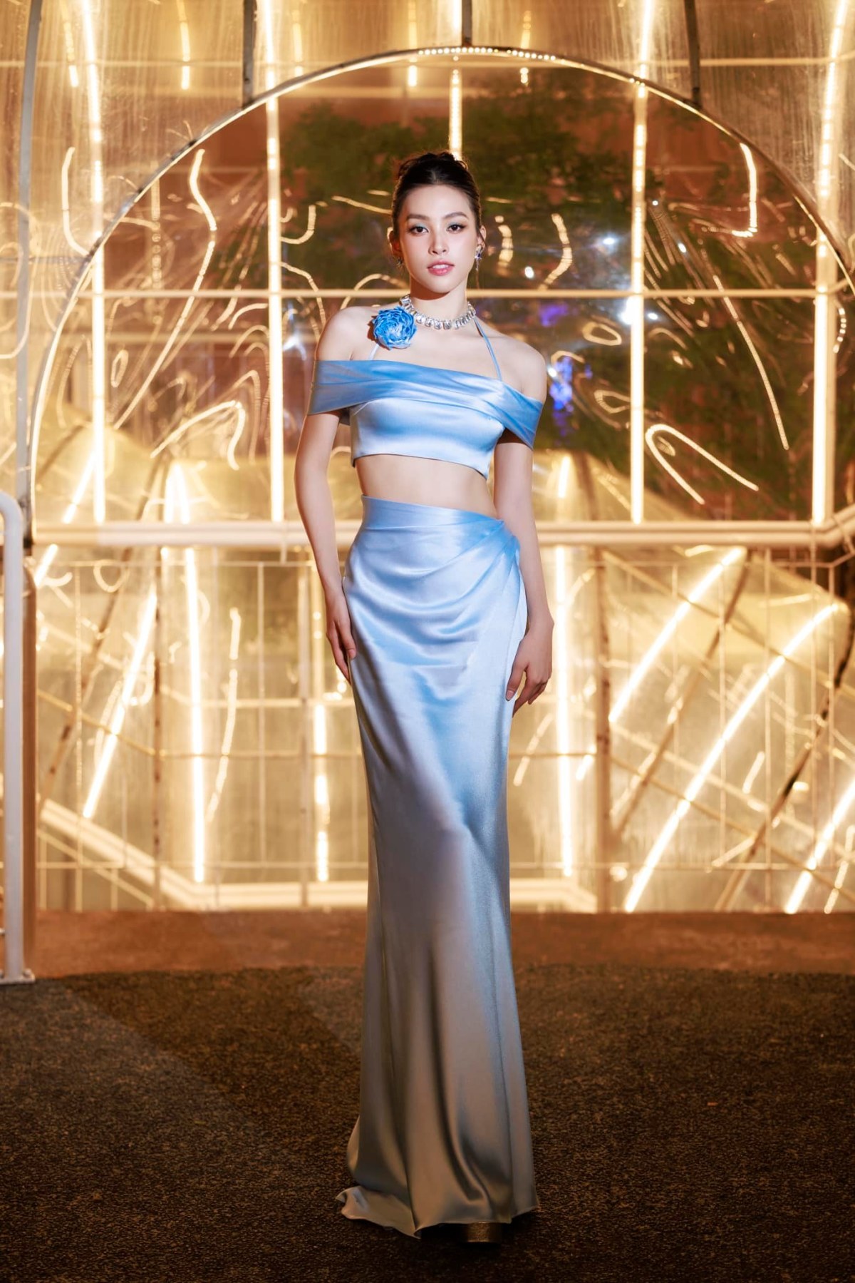 Váy dạ hội lụa xanh pastel crop top trễ vai - D632